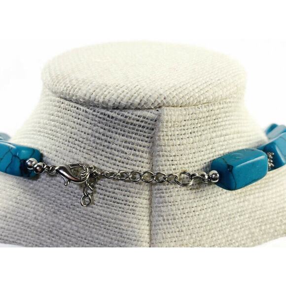 Rectangular Faux Turquoise Rock Necklace 16.5" Long Silver Clasp - Picture 3 of 10